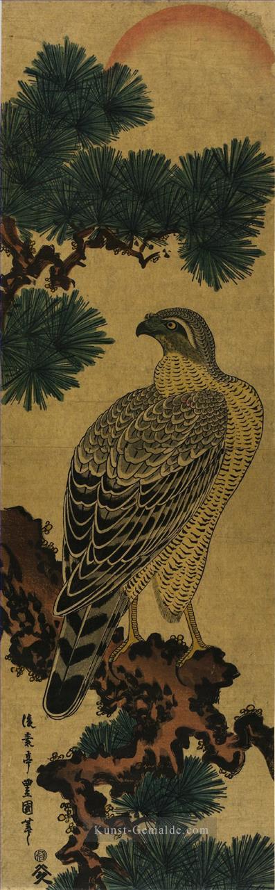 Kachoga Falke auf einem Kiefernzweig aufsteigende Sonne über Utagawa Toyokuni Japanisch Ölgemälde
